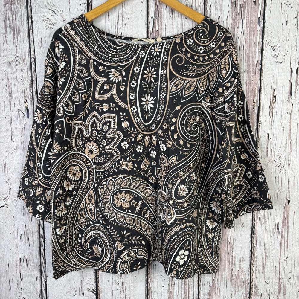 Soft Surroundings Fleur Top Sz Medium‎ Linen Blend Boatneck Paisley Print Blouse